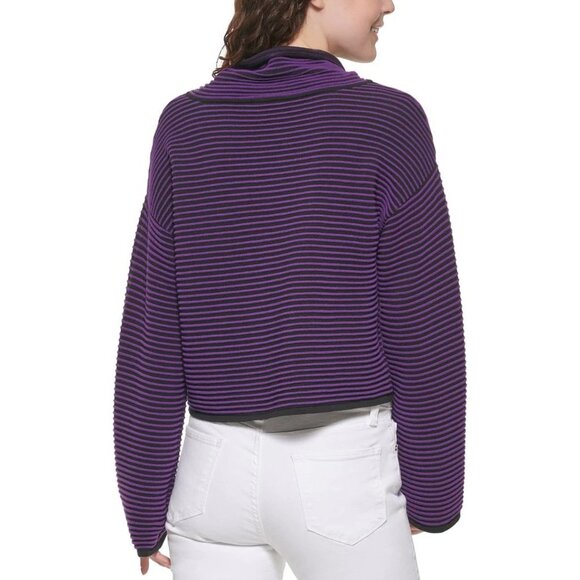 NWT DKNY Purple Striped Cowl Neck Sweater Ribbed Knit Flare Sleeve Crop Top L - Picture 3 of 6